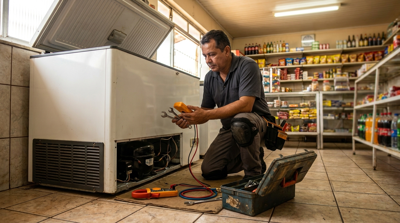 Profissional executando manutenção no motor de freezer em Cuiabá‑MT