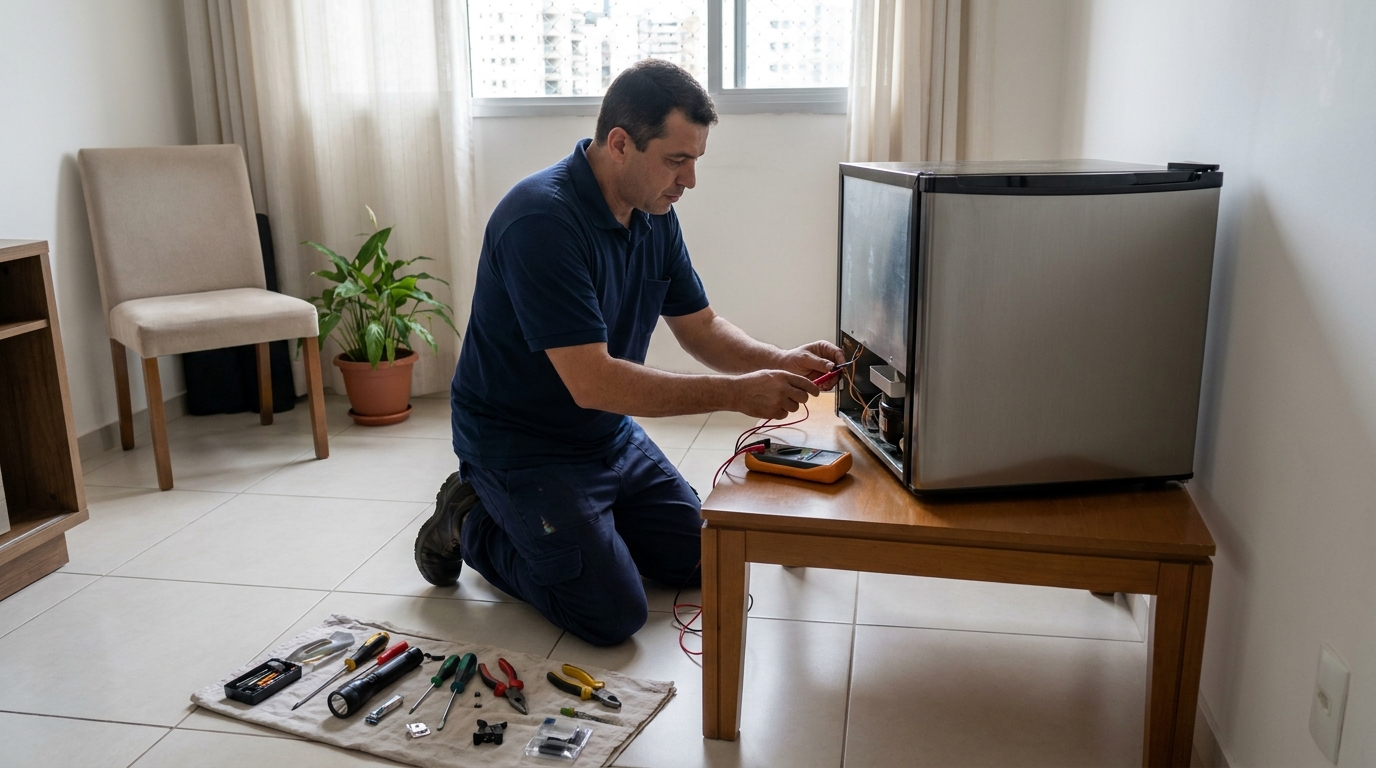 Técnico fazendo manutenção do motor de frigobar em Cuiabá‑MT