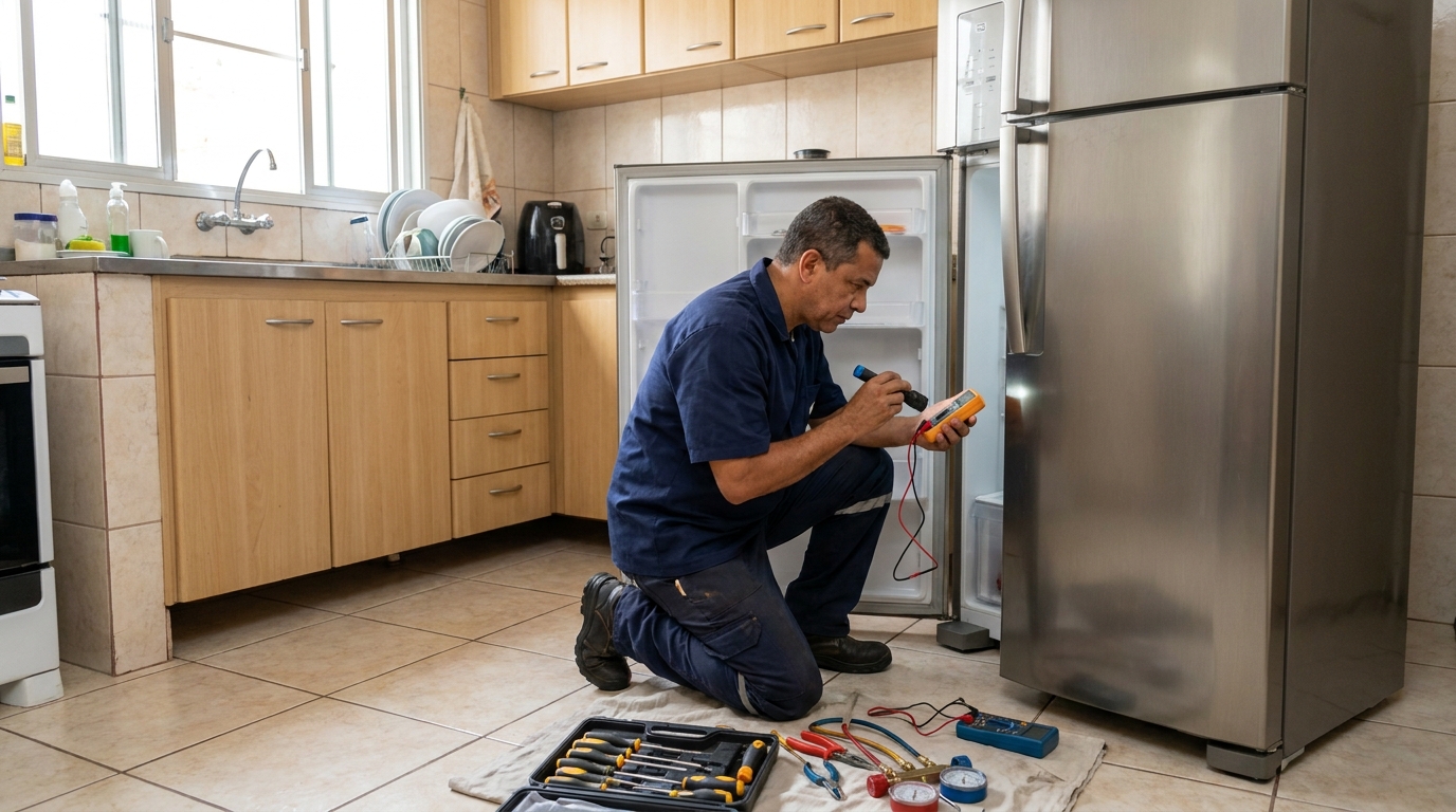 Técnico aplicando recarga de gás refrigerante em geladeira no Despraiado, Cuiabá‑MT
