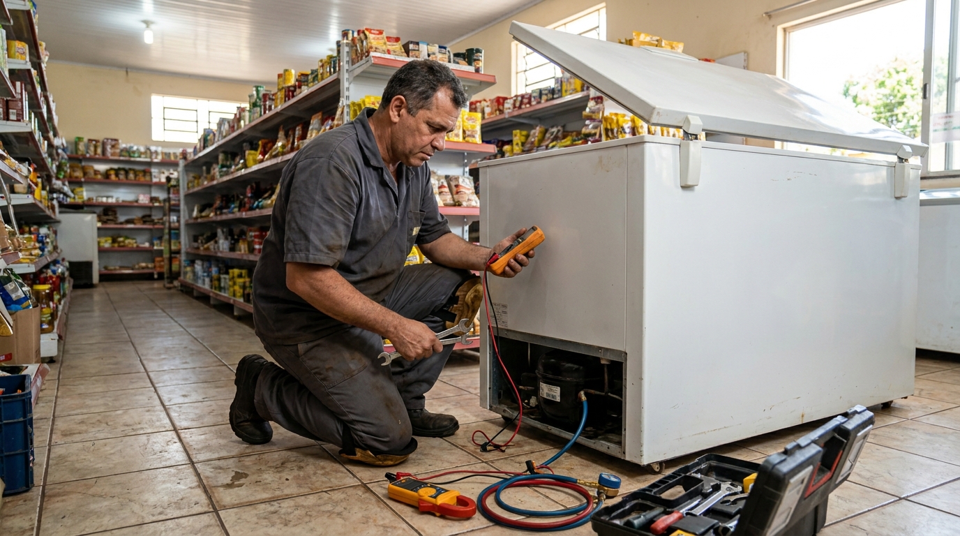 Substituição de termostato de freezer em visita técnica em Cuiabá‑MT
